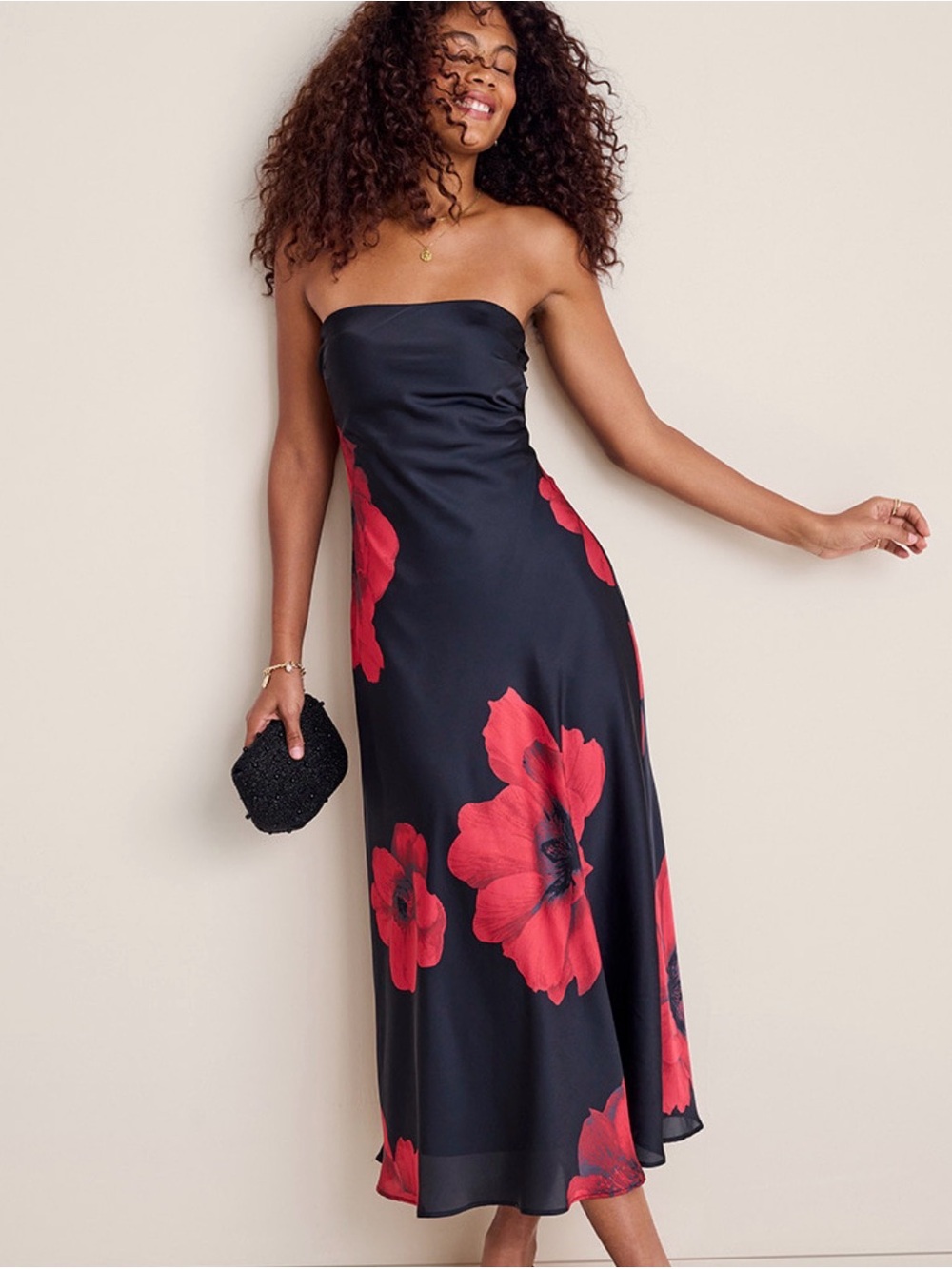 Francesca's Collections Strapless Black Midi Dress with Red Floral Print